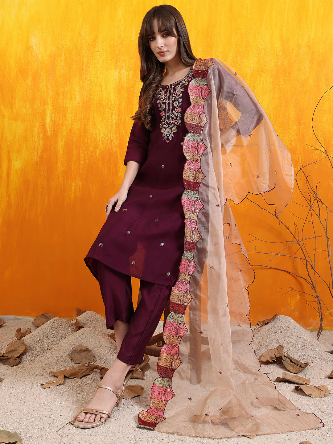 Hand Embroidered Kurta With Pant & Embroidered Organza Dupatta, Purple - Hiral Fashion | Grocsy