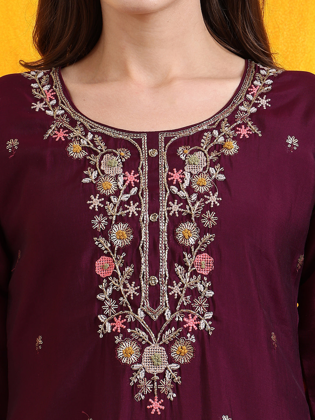Hand Embroidered Kurta With Pant & Embroidered Organza Dupatta, Purple - Hiral Fashion | Grocsy