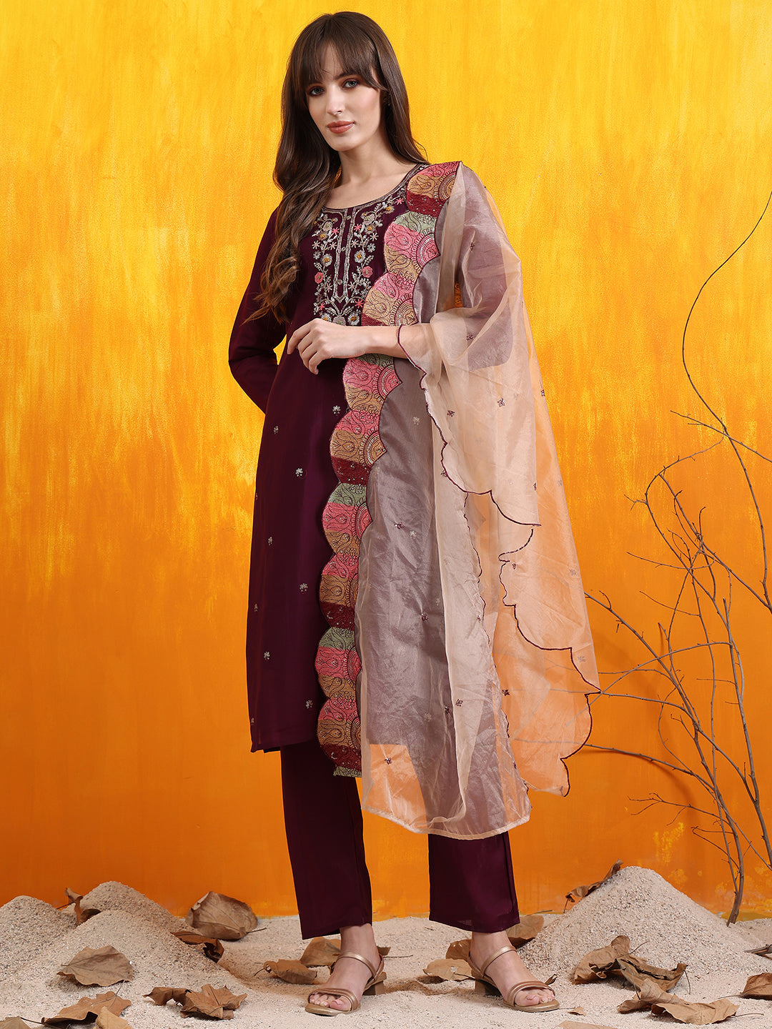 Hand Embroidered Kurta With Pant & Embroidered Organza Dupatta, Purple - Hiral Fashion | Grocsy