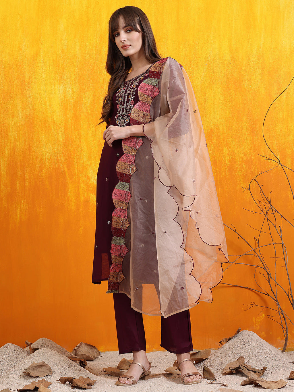 Hand Embroidered Kurta With Pant & Embroidered Organza Dupatta, Purple - Hiral Fashion | Grocsy