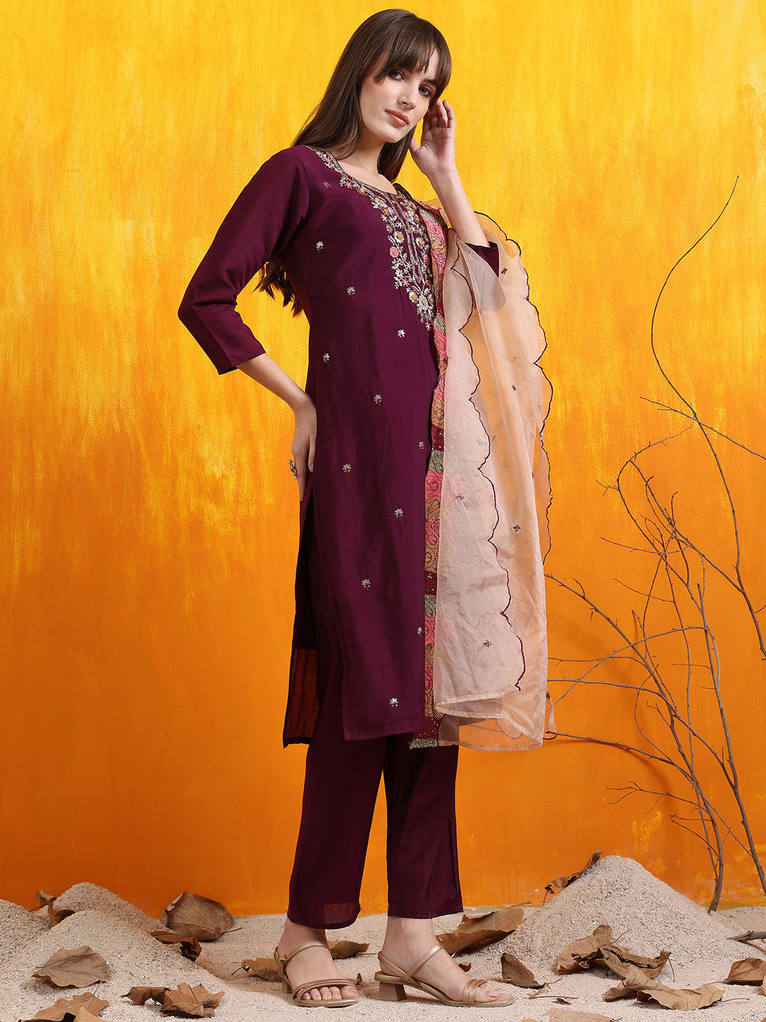 Hand Embroidered Kurta With Pant & Embroidered Organza Dupatta, Purple - Hiral Fashion | Grocsy