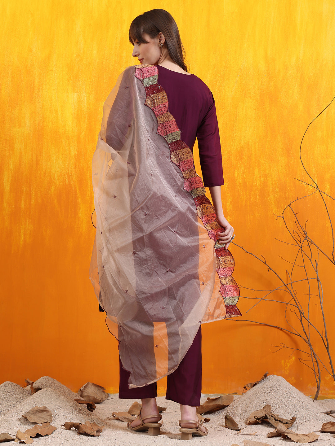 Hand Embroidered Kurta With Pant & Embroidered Organza Dupatta, Purple - Hiral Fashion | Grocsy