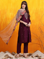 Hand Embroidered Kurta With Pant & Embroidered Organza Dupatta, Purple - Hiral Fashion | Grocsy