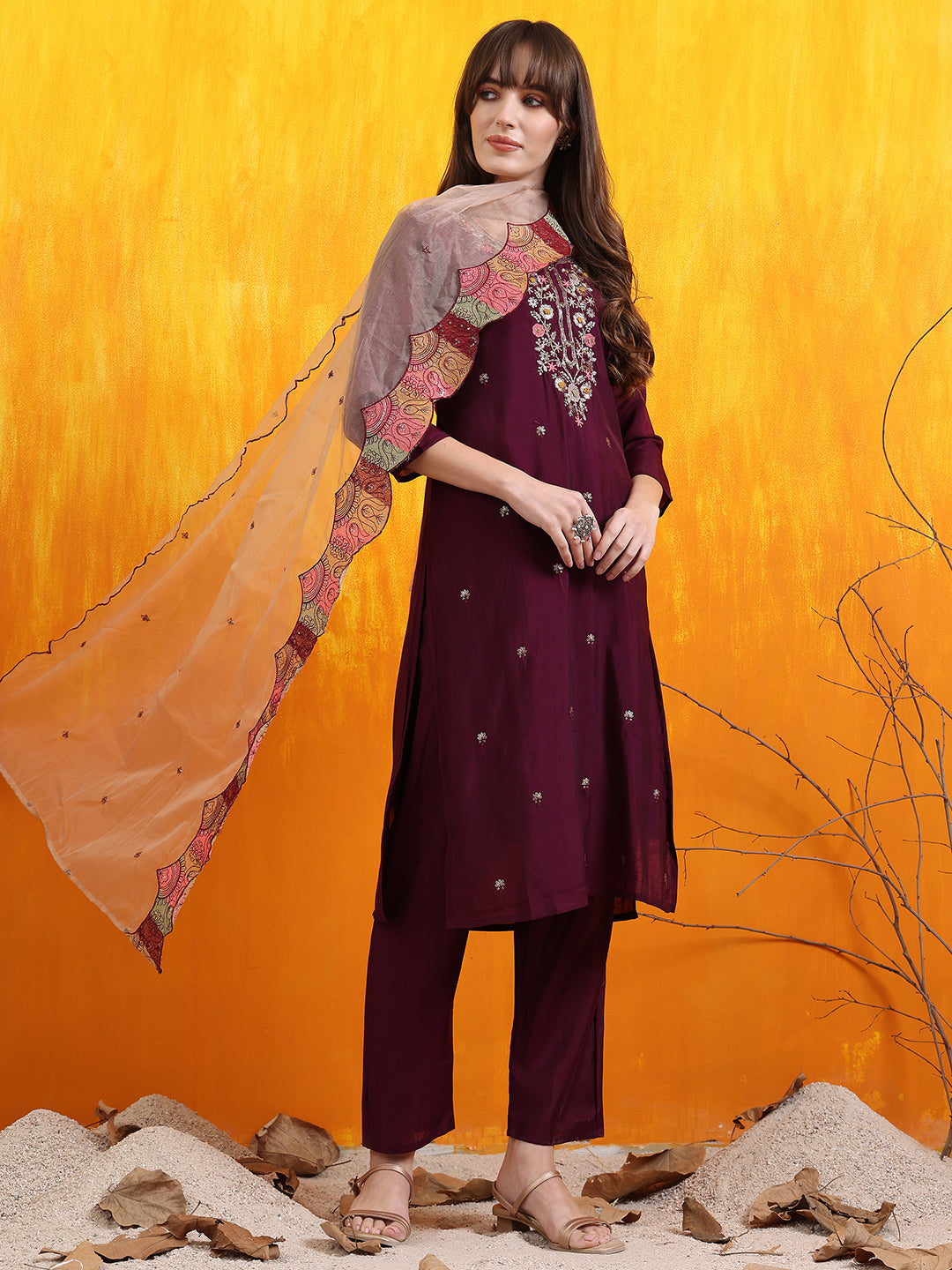 Hand Embroidered Kurta With Pant & Embroidered Organza Dupatta, Purple - Hiral Fashion | Grocsy