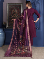 Hand Embroidered Kurta With Pant & Printed Dupatta, Purple - Hiral Fashion | Grocsy