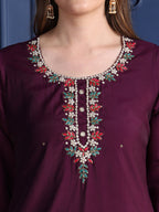 Hand Embroidered Kurta With Pant & Printed Dupatta, Purple - Hiral Fashion | Grocsy