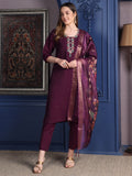 Hand Embroidered Kurta With Pant & Printed Dupatta, Purple - Hiral Fashion | Grocsy