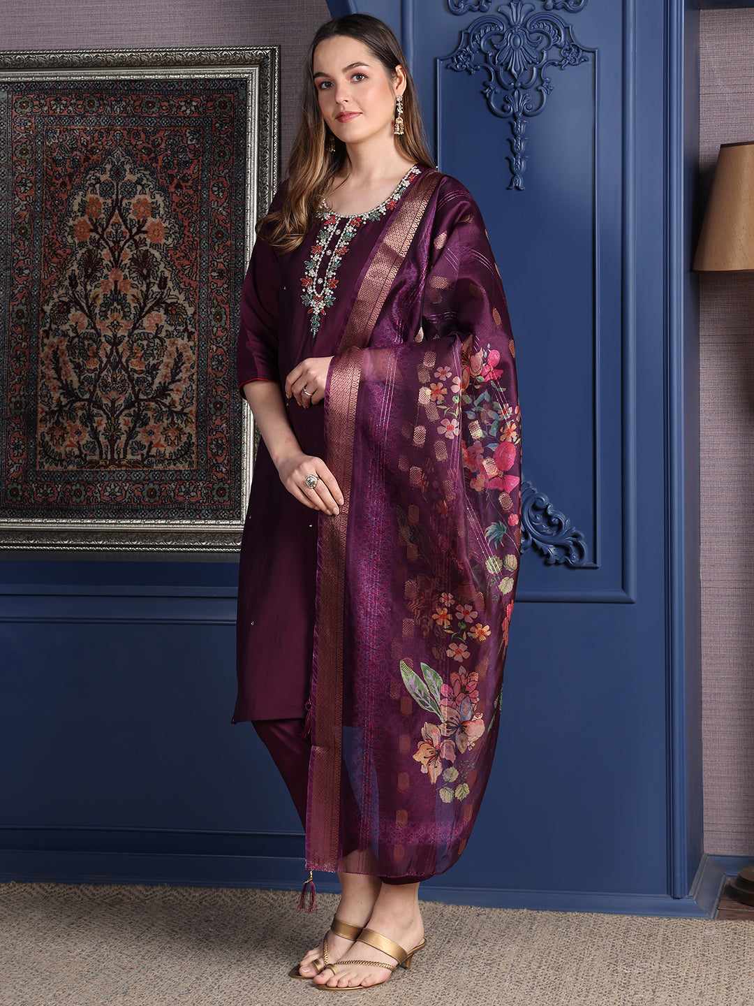 Hand Embroidered Kurta With Pant & Printed Dupatta, Purple - Hiral Fashion | Grocsy