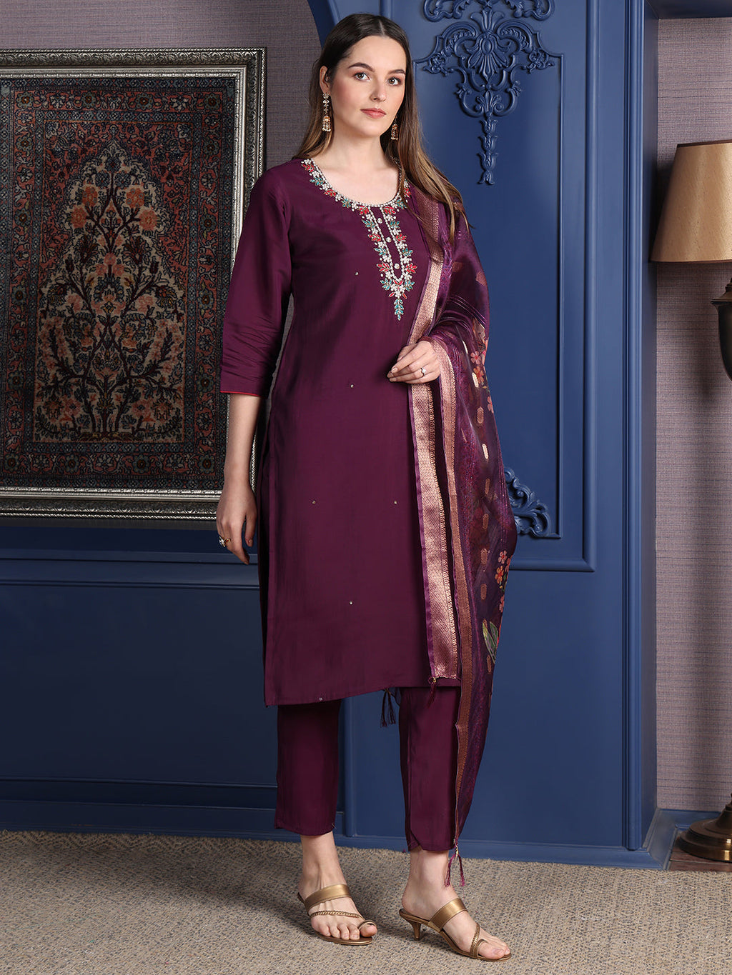 Hand Embroidered Kurta With Pant & Printed Dupatta, Purple - Hiral Fashion | Grocsy