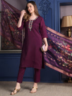 Hand Embroidered Kurta With Pant & Printed Dupatta, Purple - Hiral Fashion | Grocsy