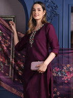 Hand Embroidered Kurta With Pant & Printed Dupatta, Purple - Hiral Fashion | Grocsy