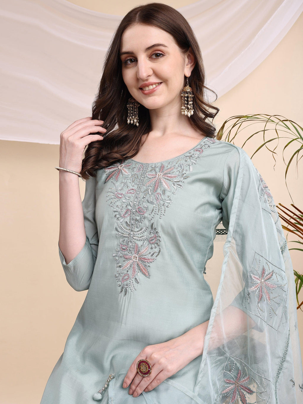 Embroidered Kurta With Pant & Printed Organza Dupatta, Turquoise - Hiral Fashion | Grocsy