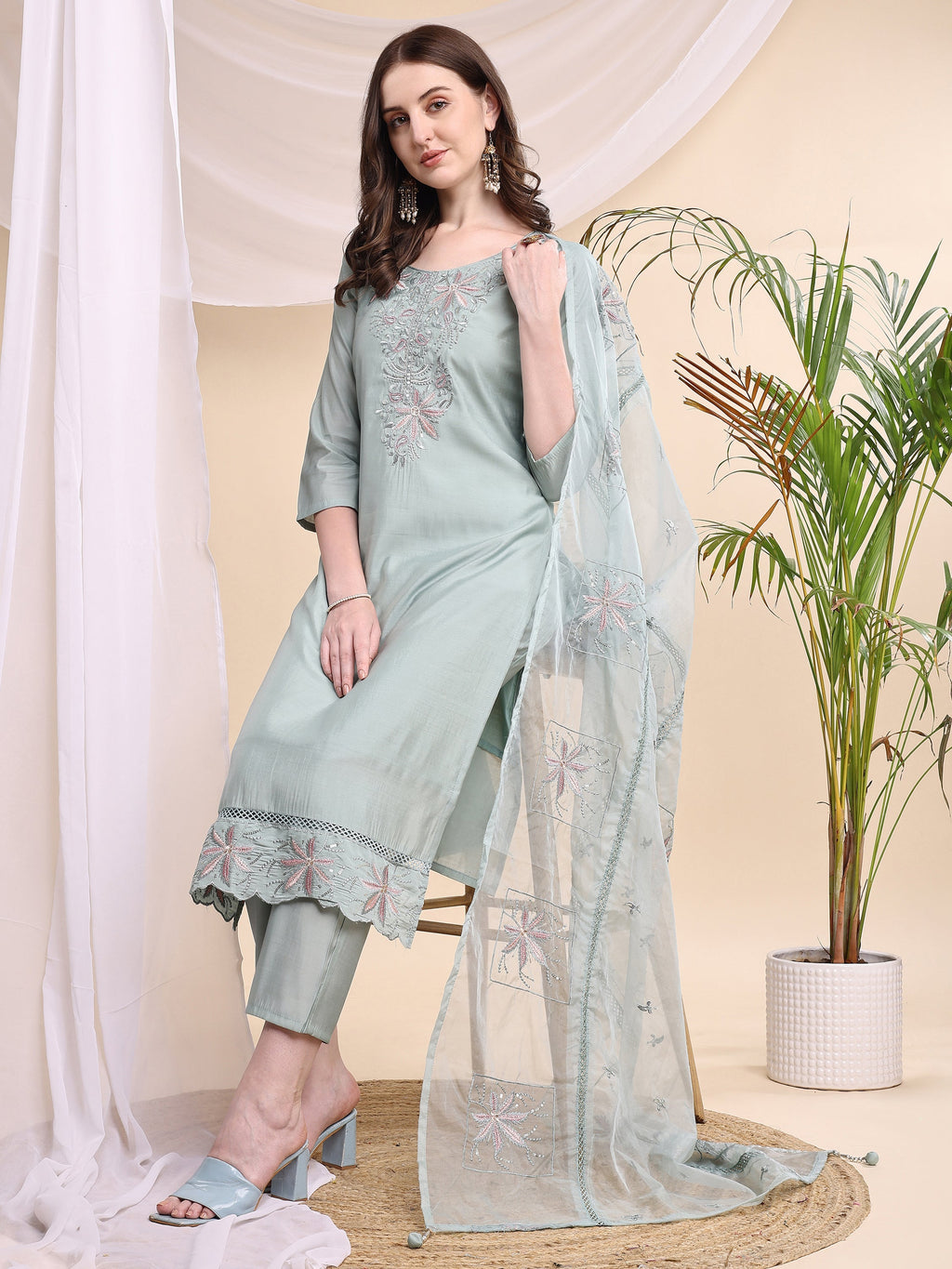 Embroidered Kurta With Pant & Printed Organza Dupatta, Turquoise - Hiral Fashion | Grocsy