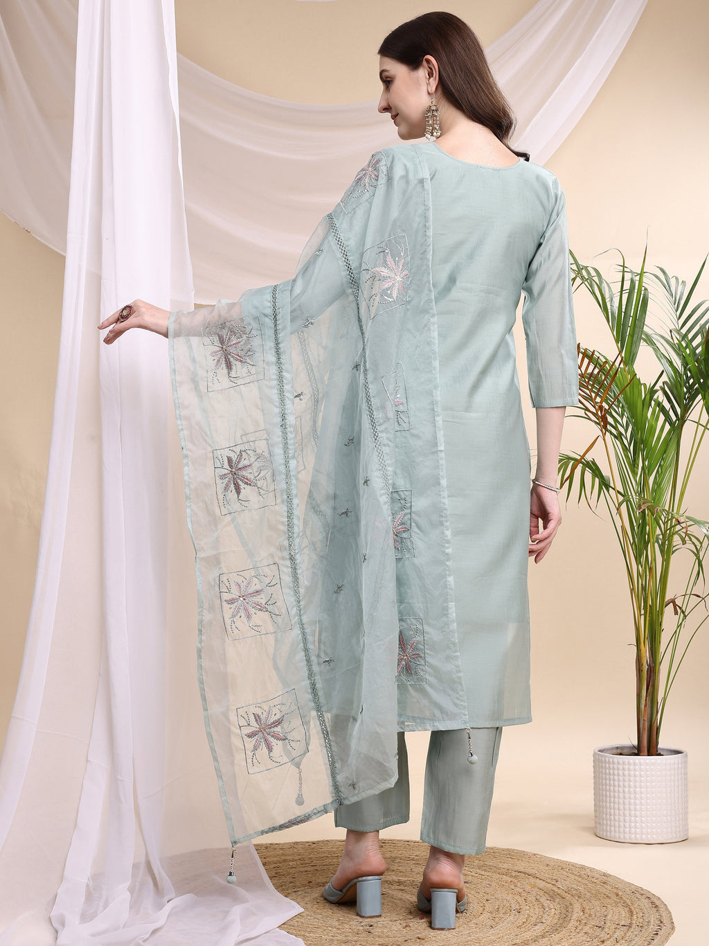 Embroidered Kurta With Pant & Printed Organza Dupatta, Turquoise - Hiral Fashion | Grocsy