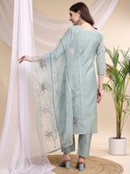 Embroidered Kurta With Pant & Printed Organza Dupatta, Turquoise - Hiral Fashion | Grocsy