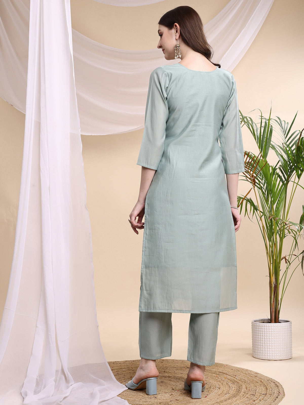 Embroidered Kurta With Pant & Printed Organza Dupatta, Turquoise - Hiral Fashion | Grocsy