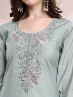 Embroidered Kurta With Pant & Printed Organza Dupatta, Turquoise - Hiral Fashion | Grocsy