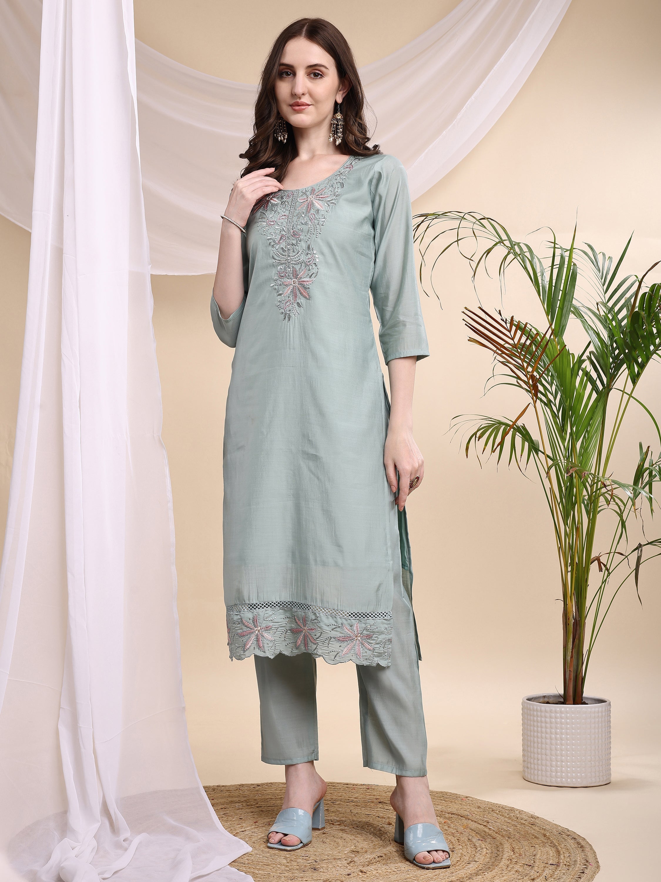 Embroidered Kurta With Pant & Printed Organza Dupatta, Turquoise - Hiral Fashion | Grocsy