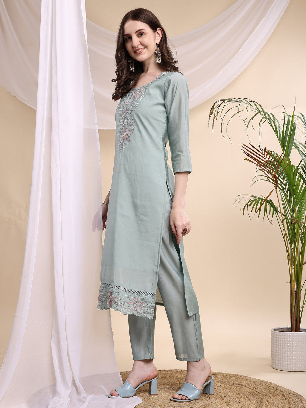 Embroidered Kurta With Pant & Printed Organza Dupatta, Turquoise - Hiral Fashion | Grocsy