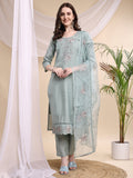 Embroidered Kurta With Pant & Printed Organza Dupatta, Turquoise - Hiral Fashion | Grocsy