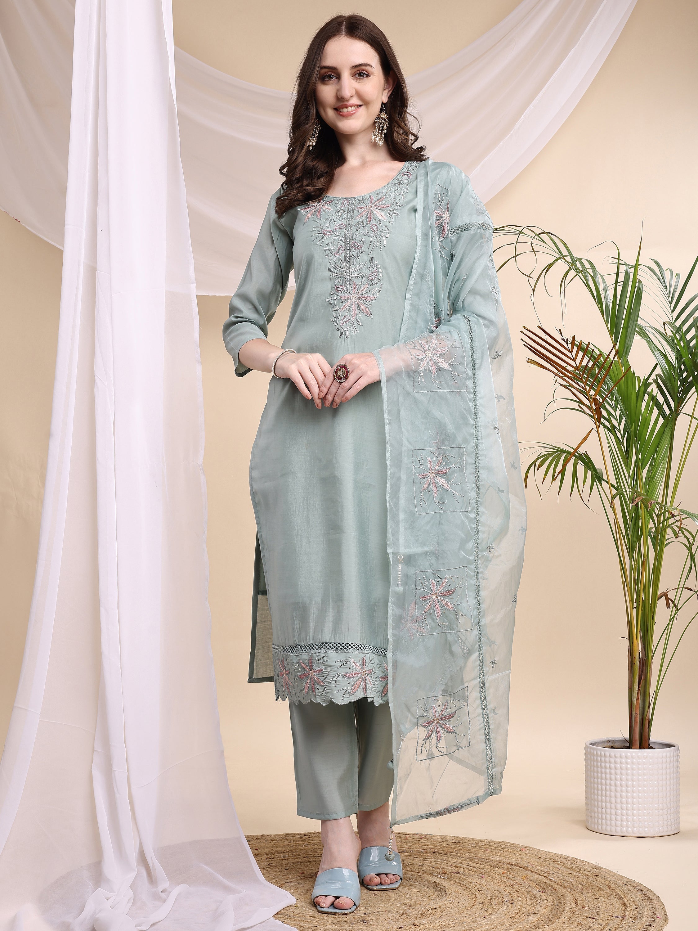 Embroidered Kurta With Pant & Printed Organza Dupatta, Turquoise - Hiral Fashion | Grocsy