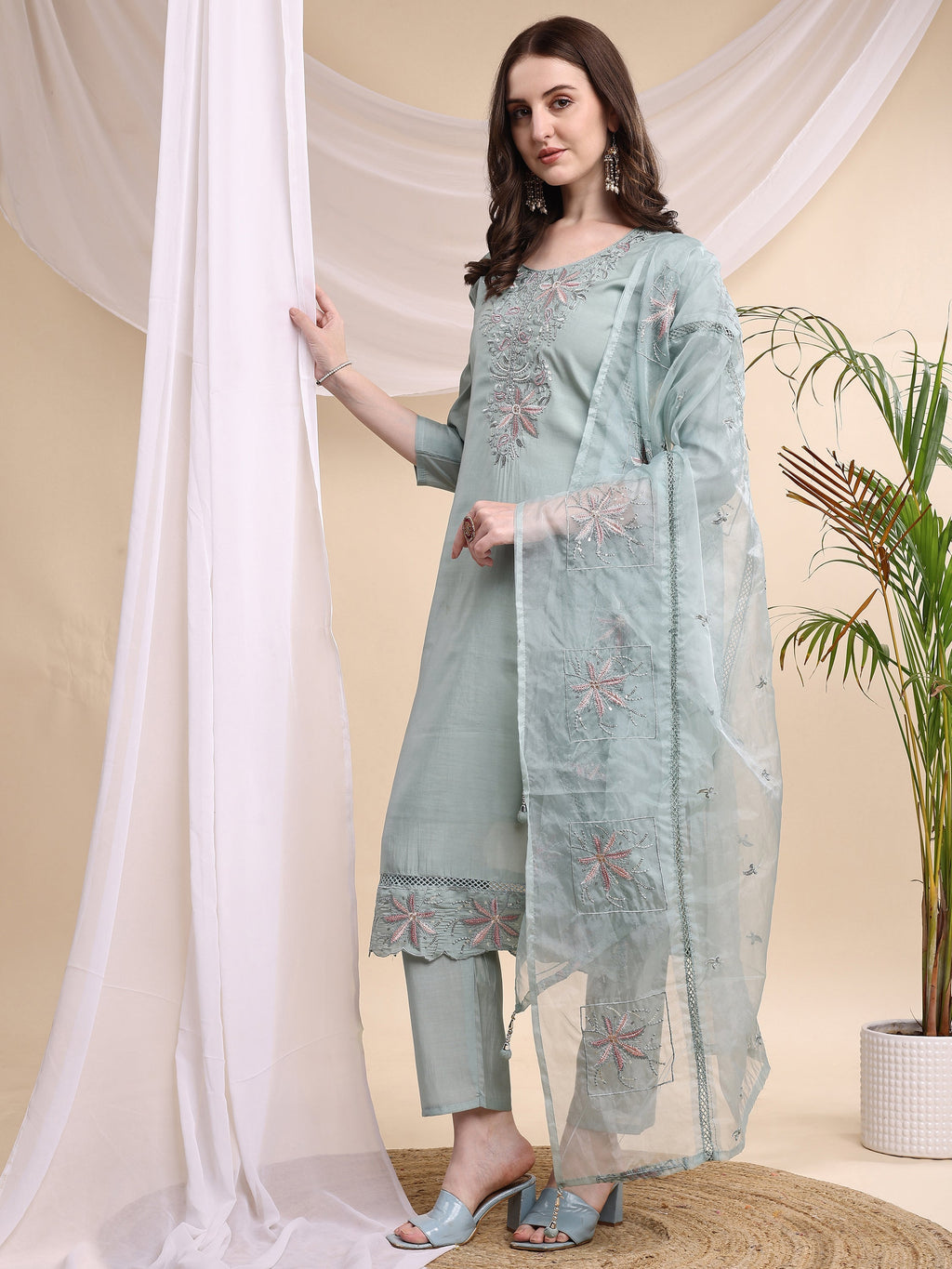 Embroidered Kurta With Pant & Printed Organza Dupatta, Turquoise - Hiral Fashion | Grocsy