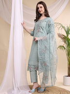 Embroidered Kurta With Pant & Printed Organza Dupatta, Turquoise - Hiral Fashion | Grocsy