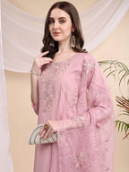 Embroidered Kurta With Pant & Printed Organza Dupatta, Pink - Hiral Fashion | Grocsy