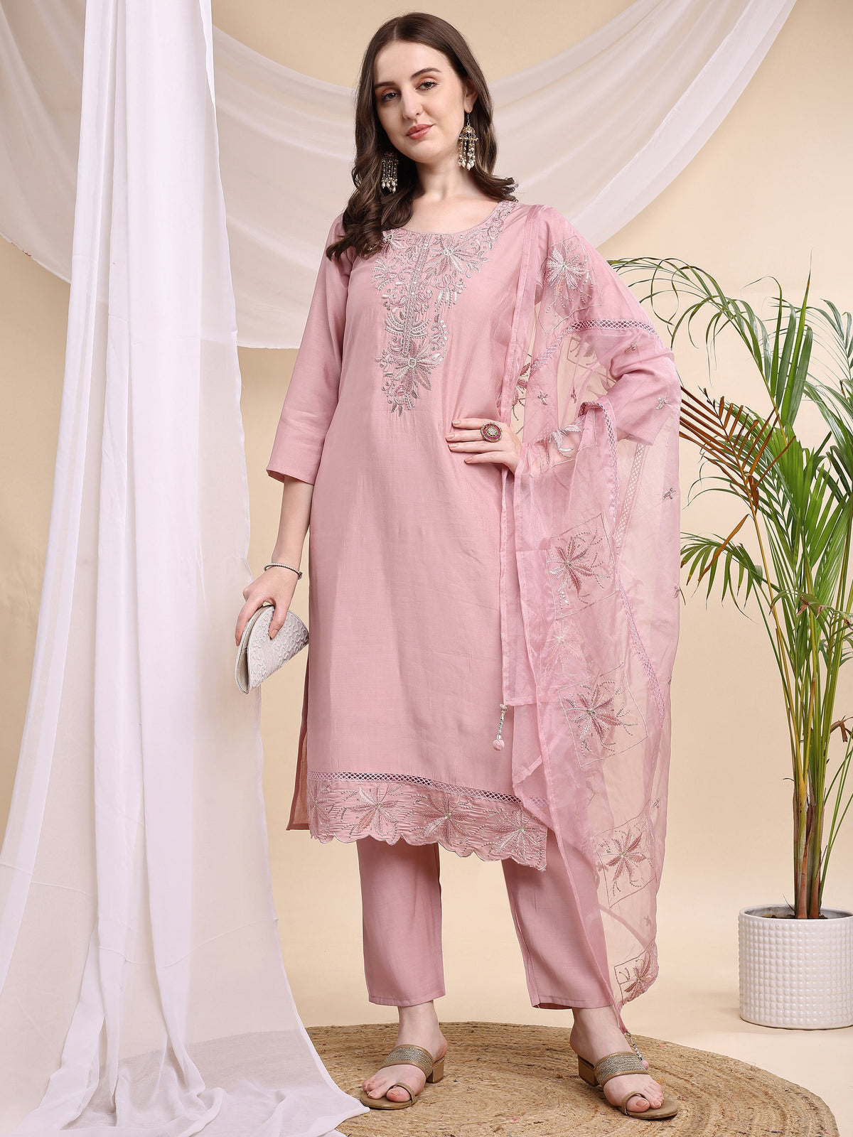 Embroidered Kurta With Pant & Printed Organza Dupatta, Pink - Hiral Fashion | Grocsy