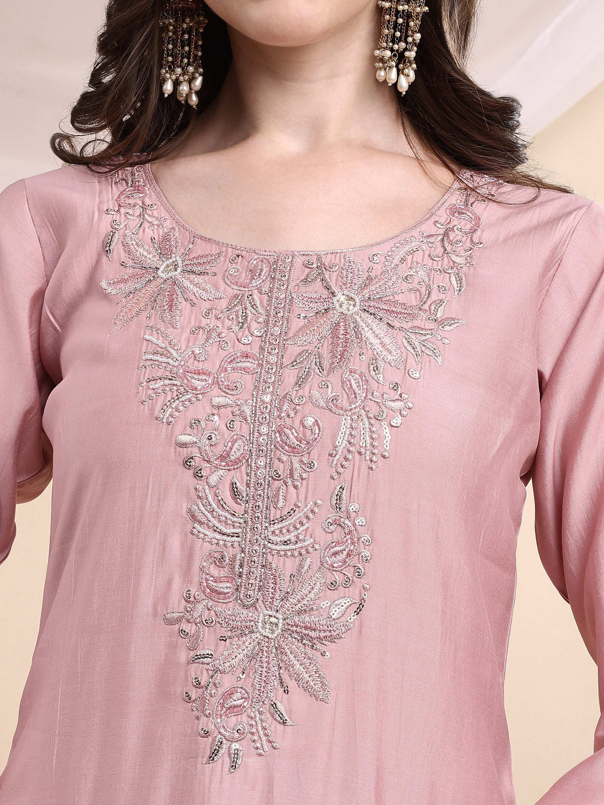 Embroidered Kurta With Pant & Printed Organza Dupatta, Pink - Hiral Fashion | Grocsy