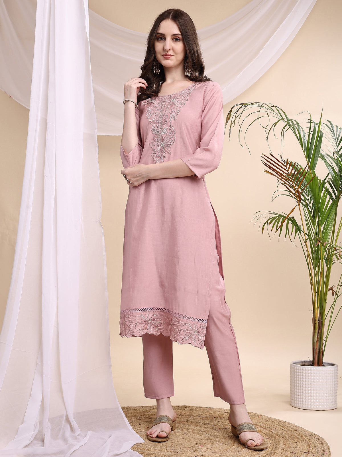 Embroidered Kurta With Pant & Printed Organza Dupatta, Pink - Hiral Fashion | Grocsy