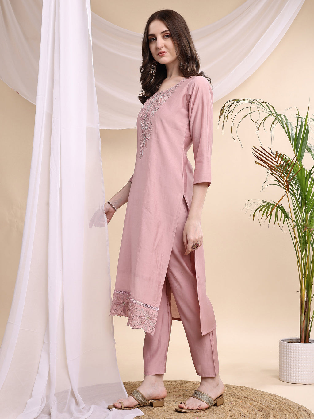 Embroidered Kurta With Pant & Printed Organza Dupatta, Pink - Hiral Fashion | Grocsy