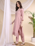 Embroidered Kurta With Pant & Printed Organza Dupatta, Pink - Hiral Fashion | Grocsy
