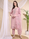 Embroidered Kurta With Pant & Printed Organza Dupatta, Pink - Hiral Fashion | Grocsy
