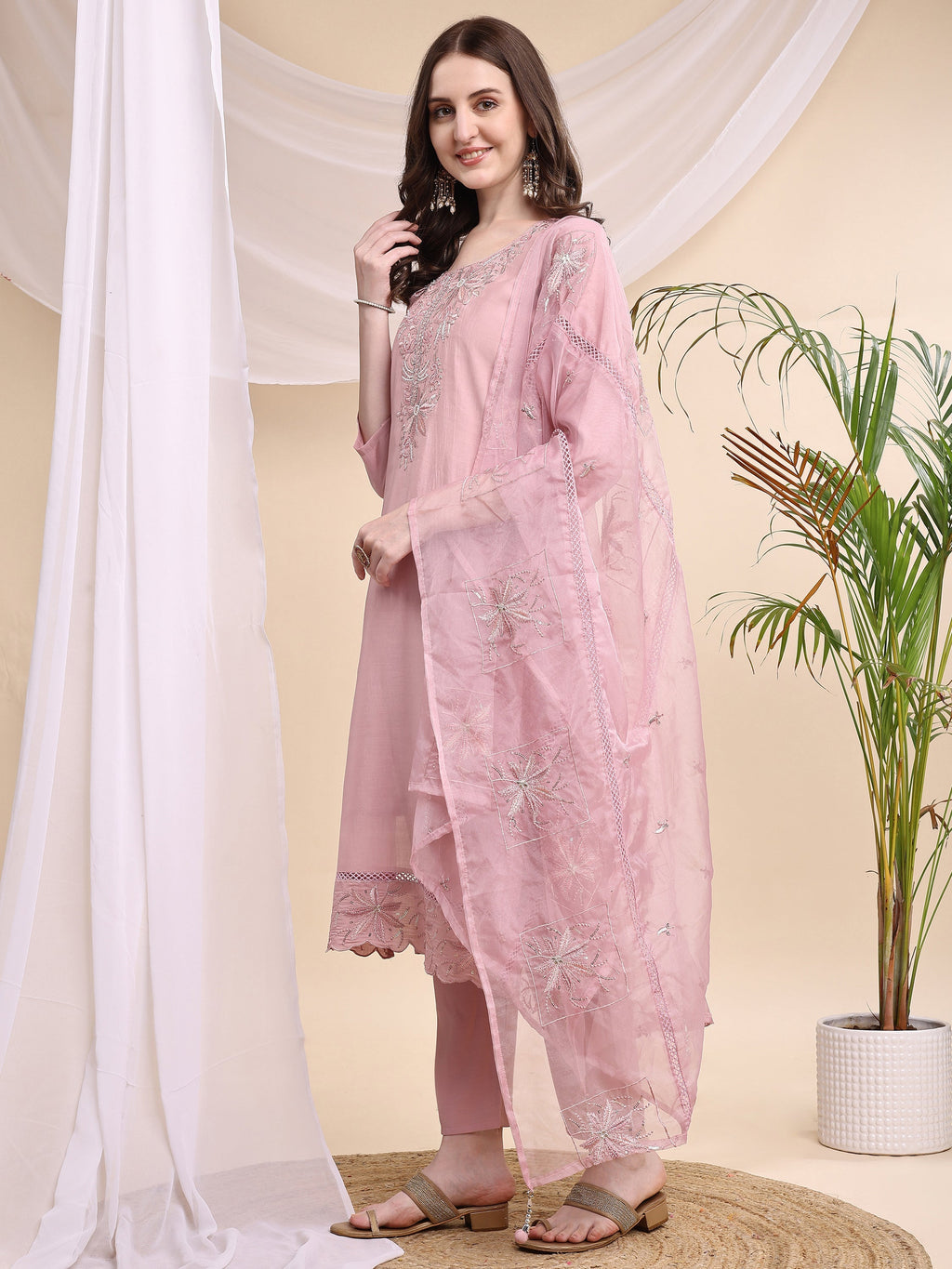 Embroidered Kurta With Pant & Printed Organza Dupatta, Pink - Hiral Fashion | Grocsy