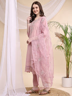 Embroidered Kurta With Pant & Printed Organza Dupatta, Pink - Hiral Fashion | Grocsy