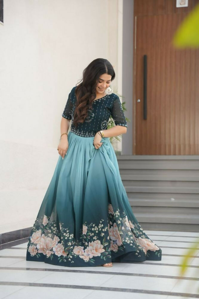 Vastranavya Teal Faux Blooming With Beads Embroidered work and Rich Floral Pedding Digital Print Gown | Grocsy
