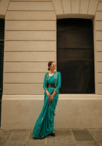 Pacific Blue Weavead Thread & Zari Work, Handloom Weaving Banarasi Satin Silk Saree - Rajtex Kronicle Silk | Grocsy