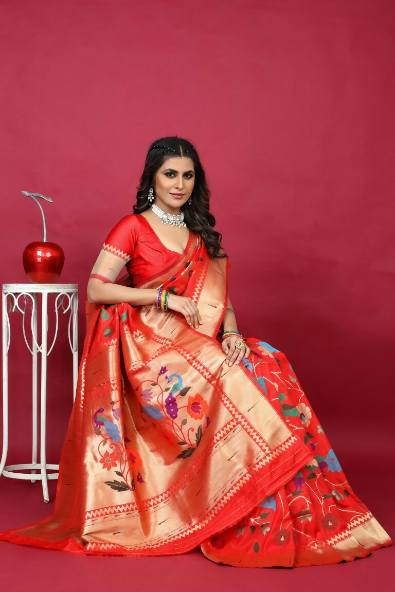 Jyoti Fashion Women's Red Paithani Silk Zari Woven Saree with Blouse | Grocsy