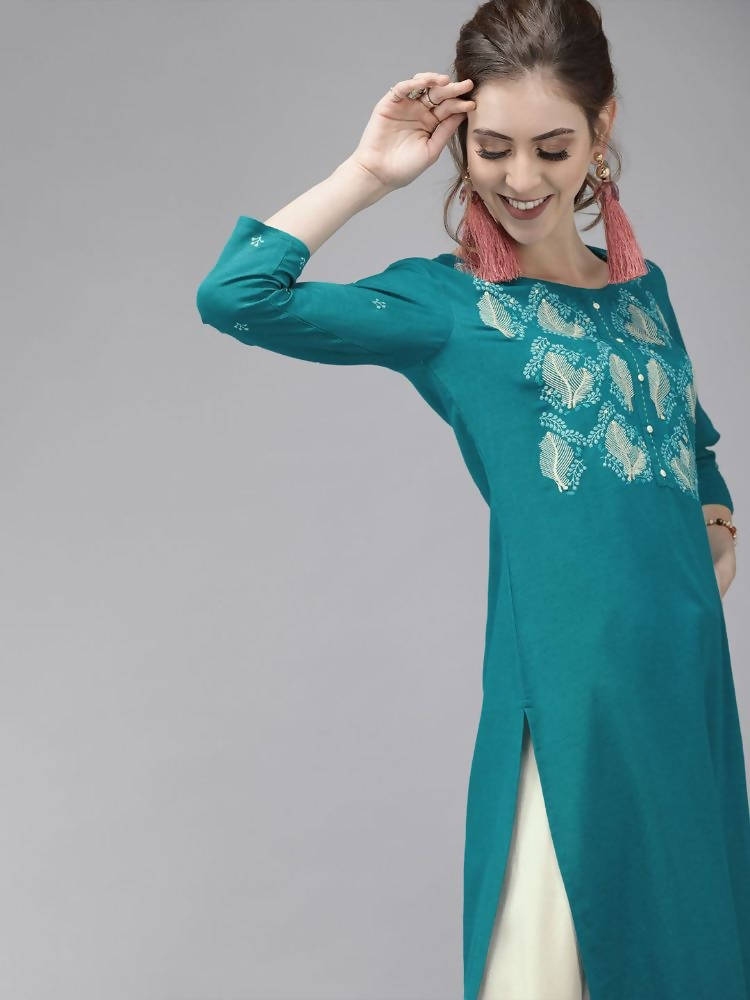 Yufta Women Green & Beige Embroidered Straight Kurta With Trouser | Grocsy