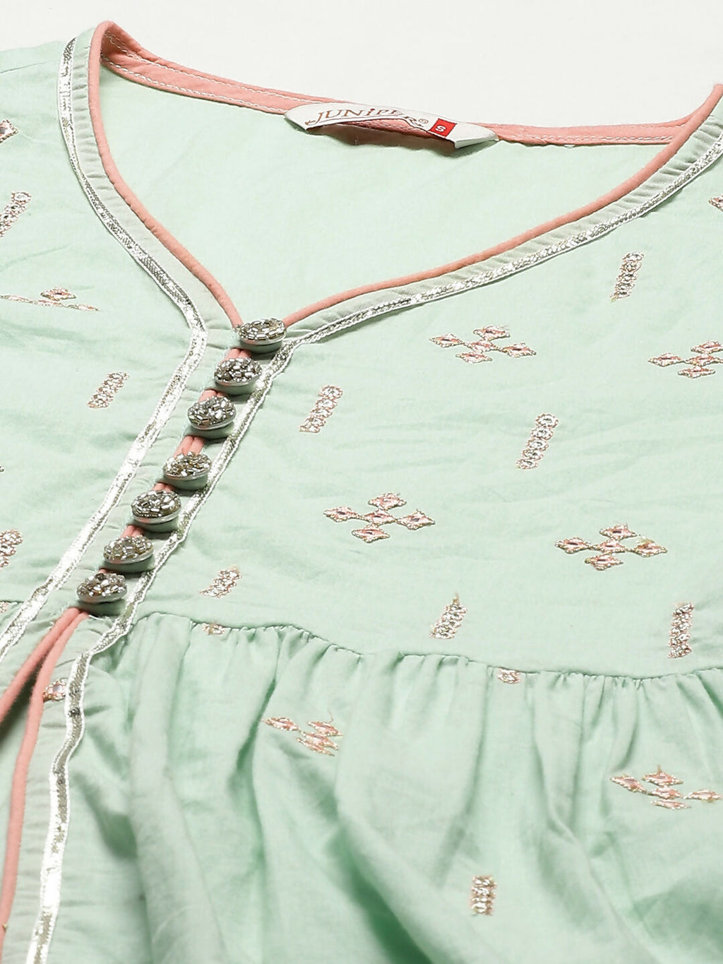 Juniper Pista Green Thread Embroidered Kurta Palazzo & Cotton Dupatta Set | Grocsy