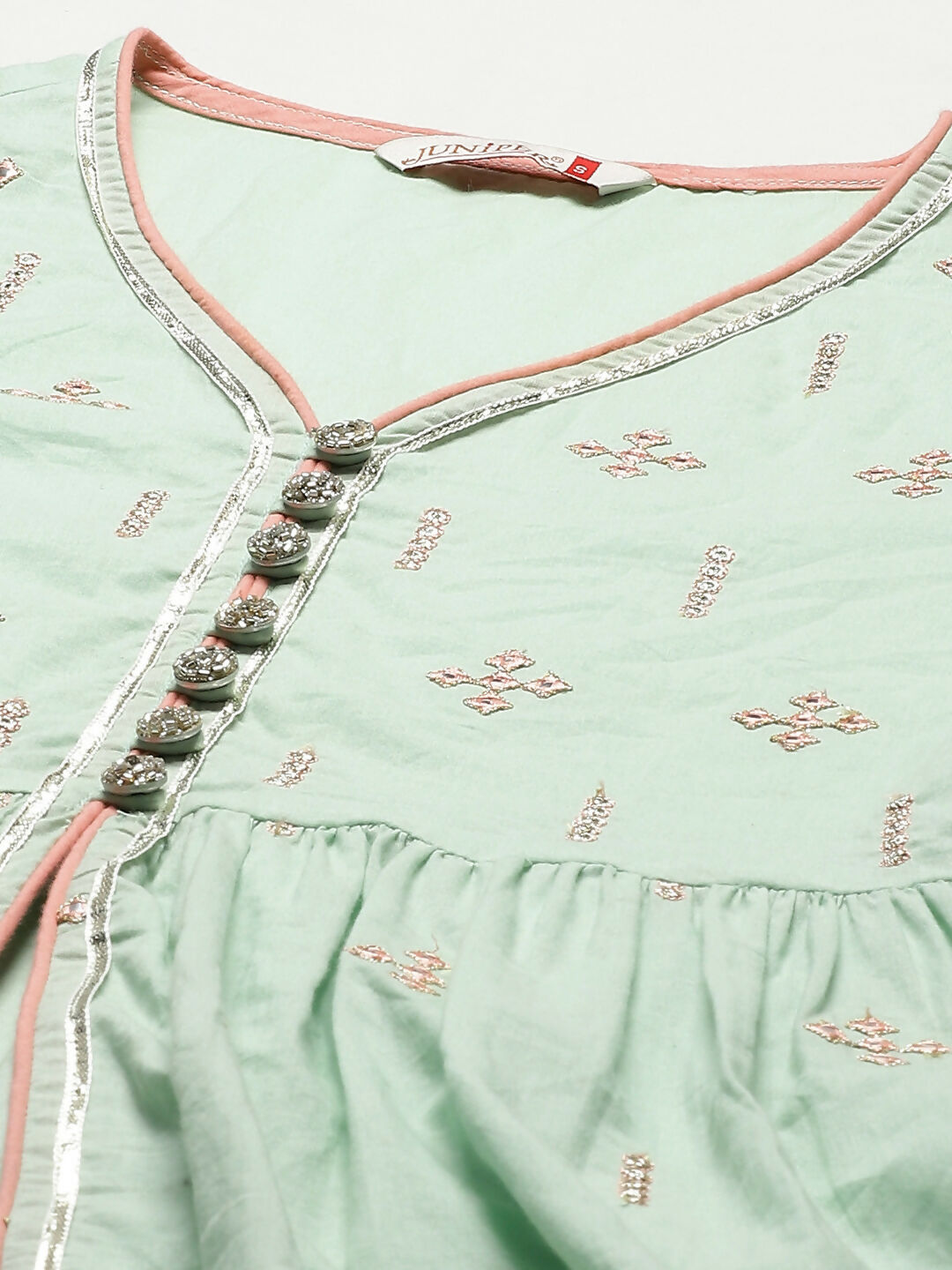 Juniper Pista Green Thread Embroidered Kurta Palazzo & Cotton Dupatta Set | Grocsy
