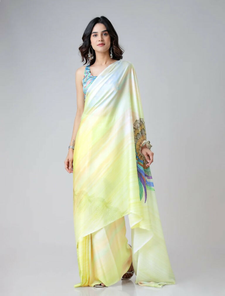 Vastranavya Ombre Yellow Multi-Color Leaves Mandalaa Print Freehand Ready to Wear Saree | Grocsy