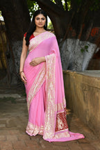 Joban Fashion Baby Pink Crepe Chiffon Pure Handloom Banarasi Silk Saree | Grocsy