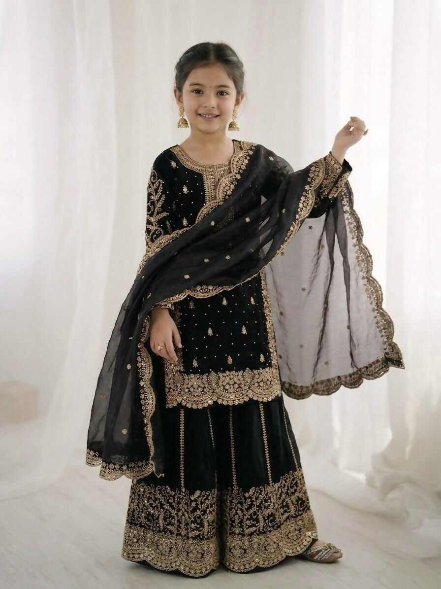 Teeya Creation New Trendy Fully Stitched Ready to Wear Kids Kurta Palazzo Set-Black | Grocsy