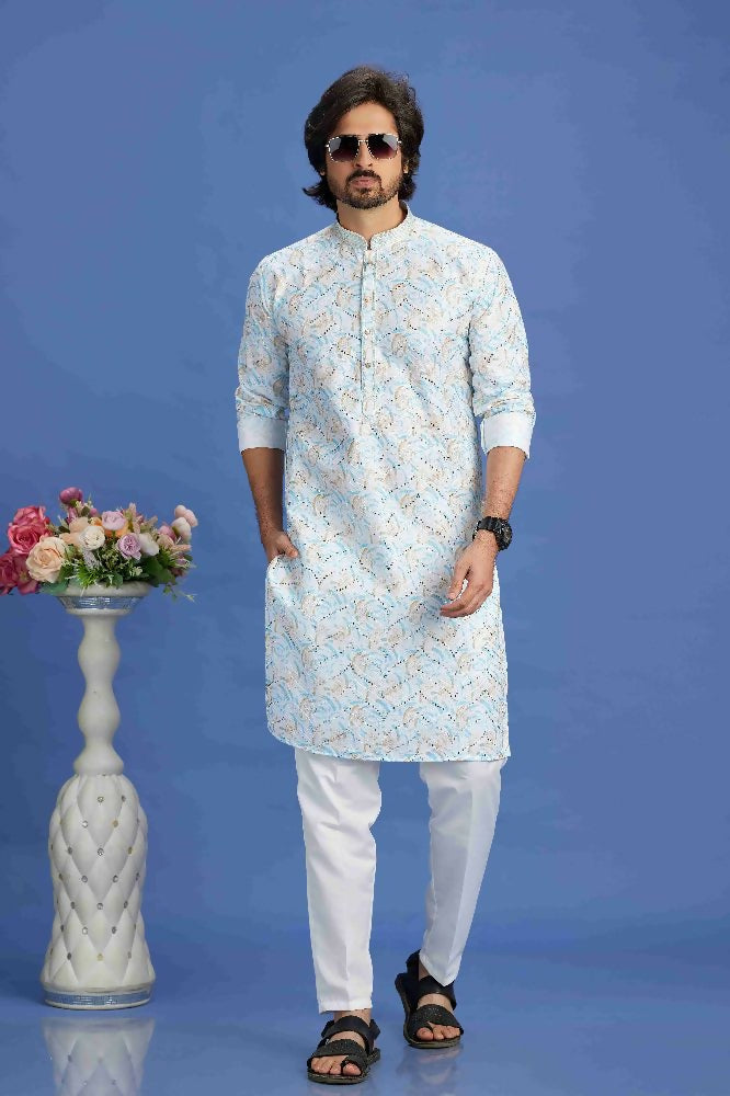 Raivat Ethnic Cotton Embroidery Kurta Pajama In Sky Blue Colour | Grocsy
