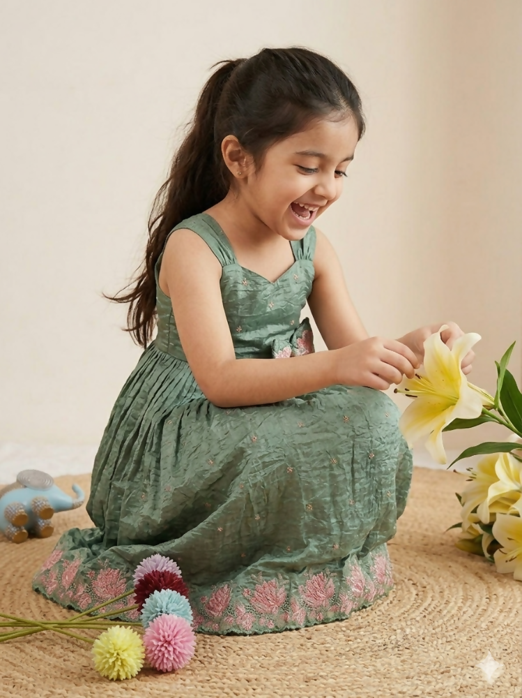 Teeya Creation New Kids Girls Premium Lavender Crinkled Silk Ethnic Gown with Floral Border and Waist Bow Accent | Grocsy