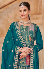 Anaita Teal Vichitra Silk Readymade Suit with Embroidery & Lace Work | Grocsy