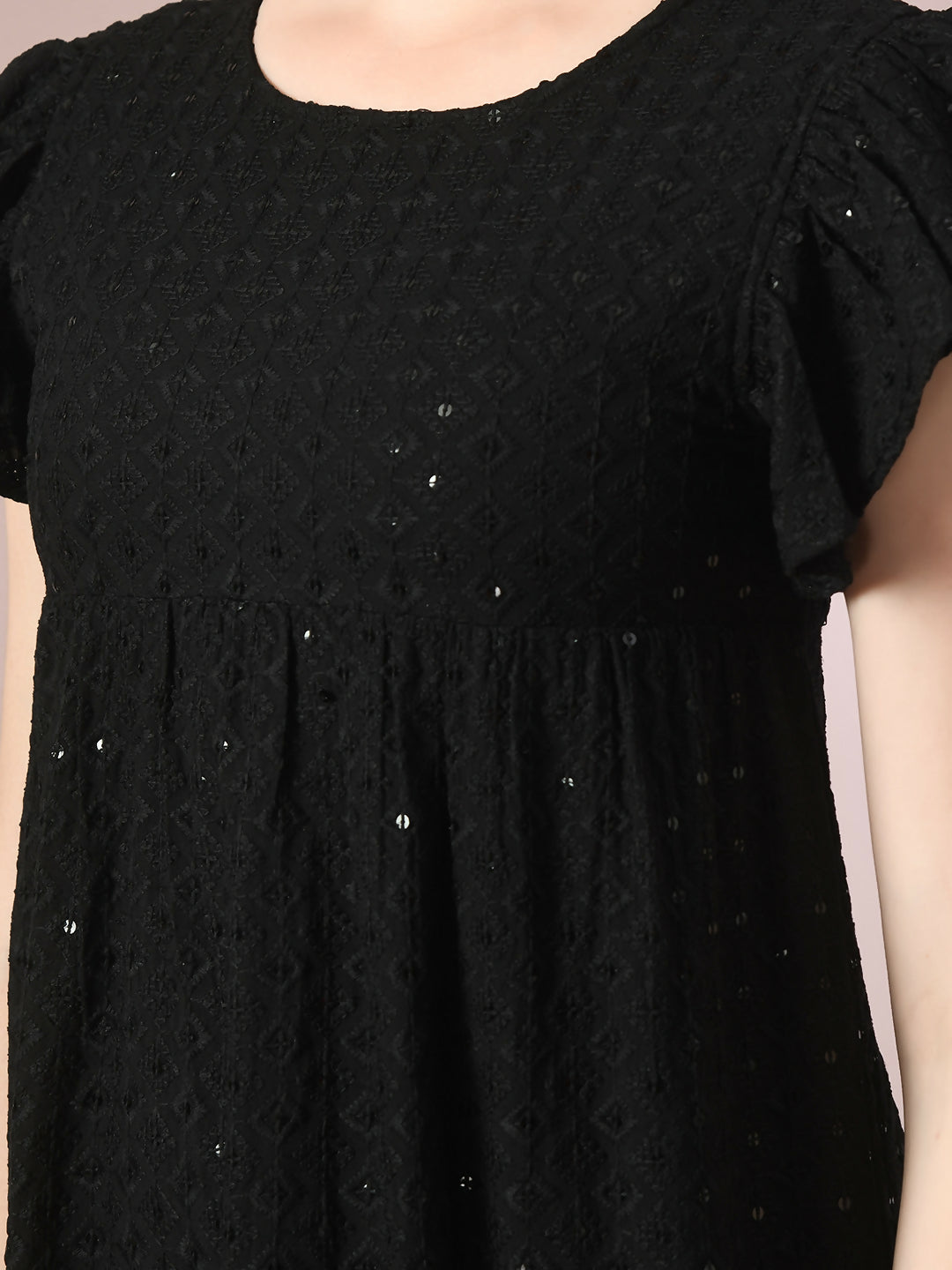 Myshka Women's Black Embroidered Cotton Round Neck A-Line Party Dress | Grocsy