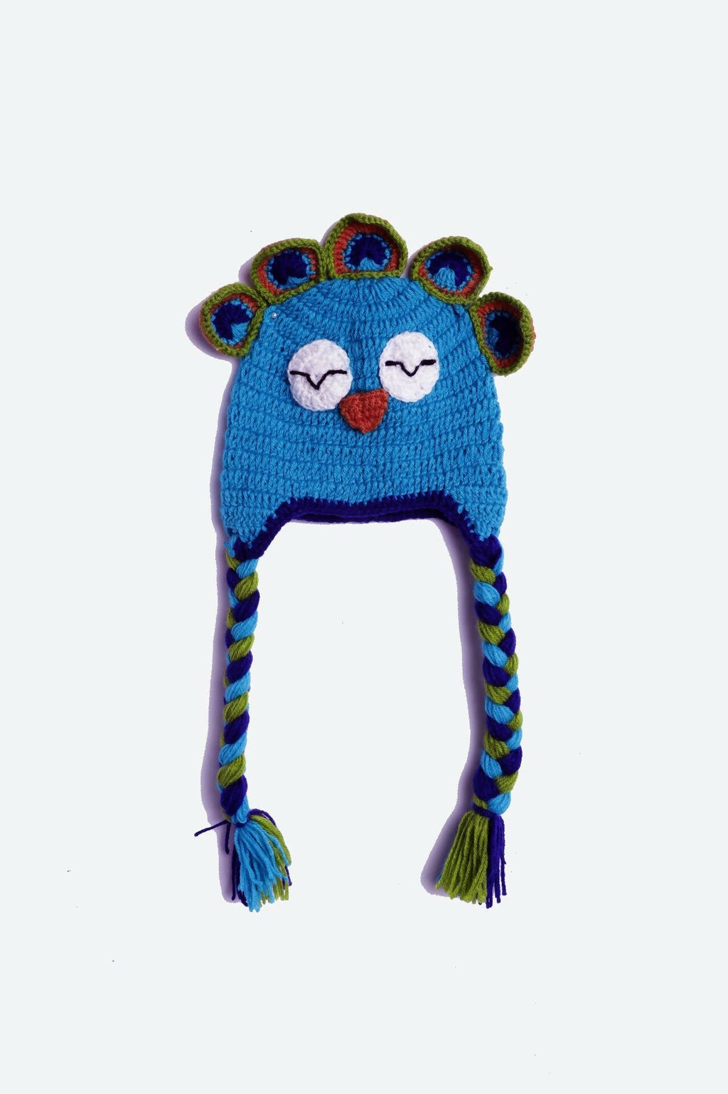 Chutput Kids Woollen Hand Knitted Peacock Face Detailed Cap - Blue | Grocsy